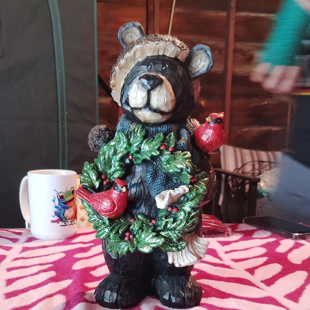 Festive Black Bear Holiday Figurine with Wreath and Cardinals